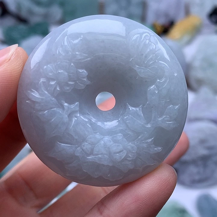 翡翠未镶嵌颈饰花开富贵平安扣两面工艺福利卡厚12+