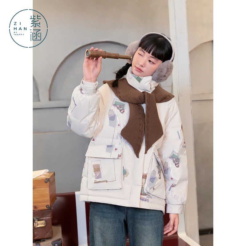 紫涵短款立领印花羽绒服外套冬季白鸭绒面包服赠披肩帽Z4Z10AN604