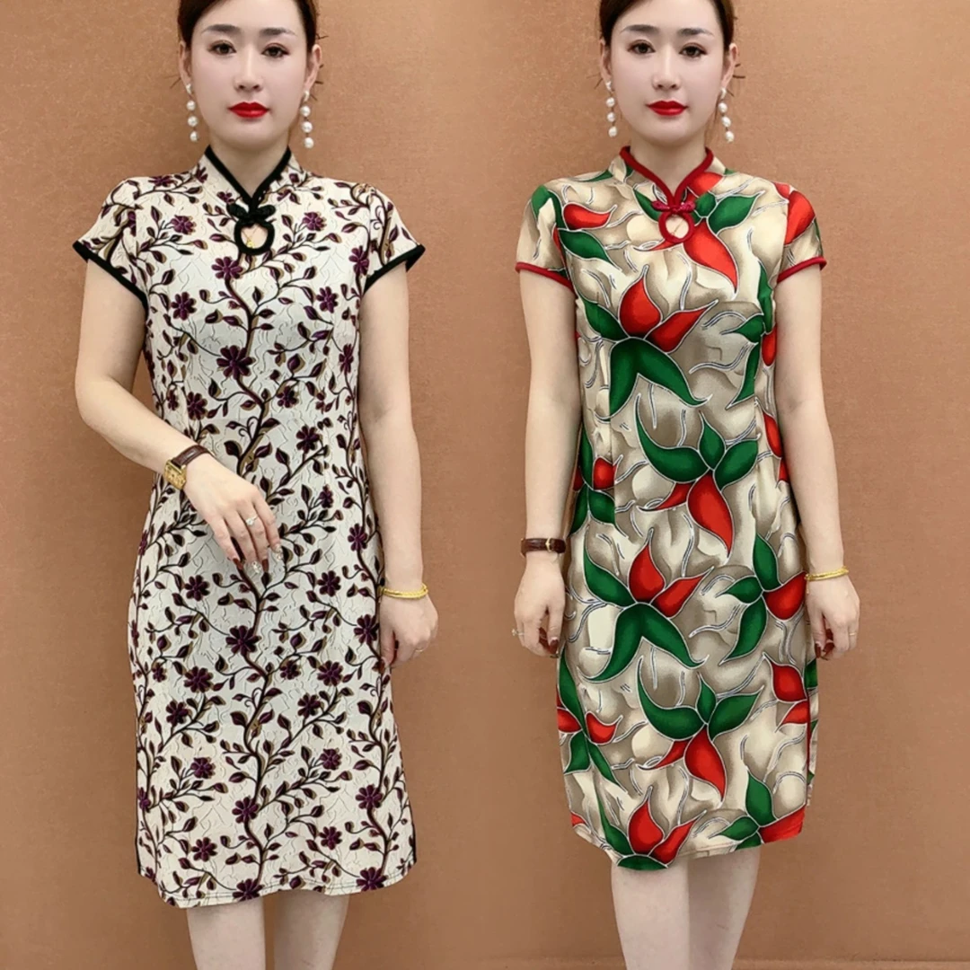 新款夏季时尚显瘦复古气质中长裙短袖拼接印花妈妈连衣裙