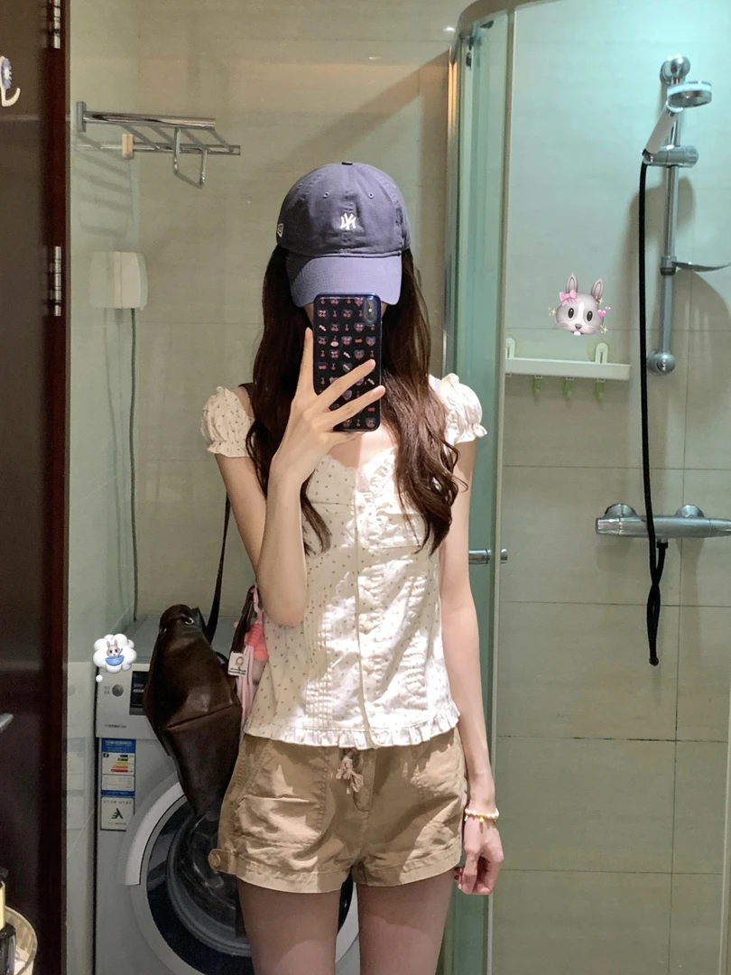 2025夏季新款法式甜美褶皱荷叶边V领小飞袖衬衫上衣百搭休闲短裤