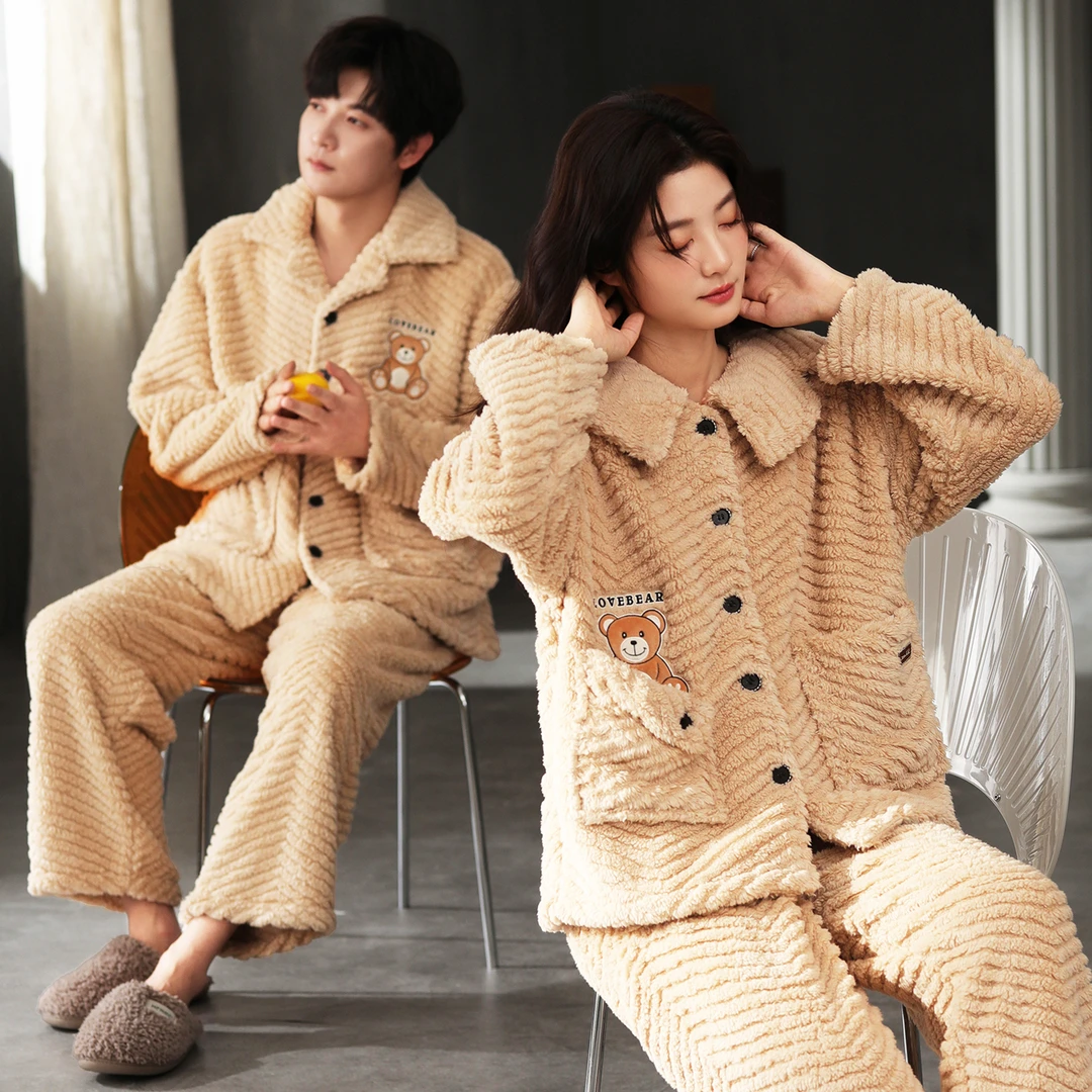 情侣睡衣冬季珊瑚绒卡通可爱法兰绒保暖加厚长袖开衫家居服套装