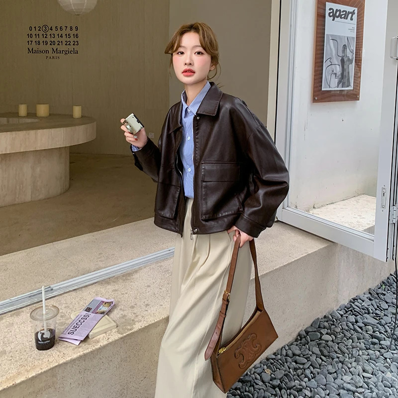 洋气皮衣百搭皮夹克女直筒型休闲短款时尚型加绒翻领黑色通用韩版