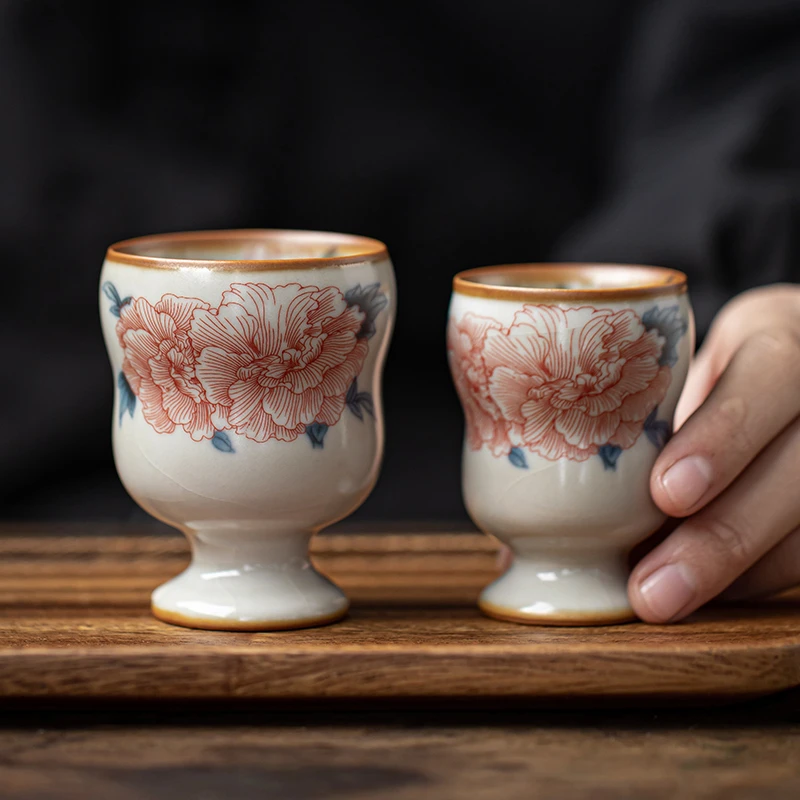 赞朴汝窑芙蓉花高足葫芦杯陶瓷主人杯个人专用杯汝瓷开片可养茶杯