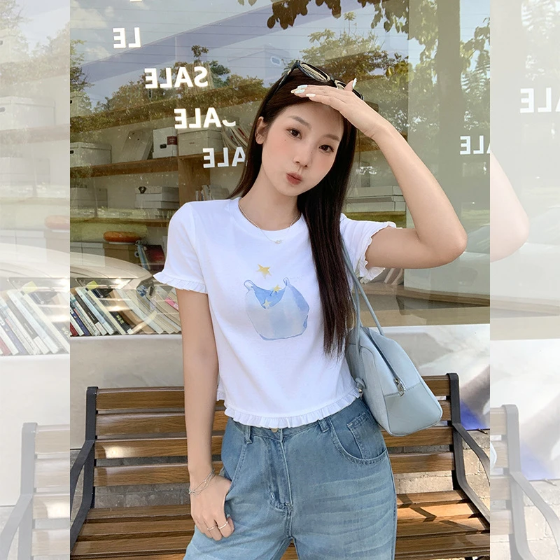 夏日绝美木耳边印花休闲短袖t恤女夏季2025新款设计感修身小上衣