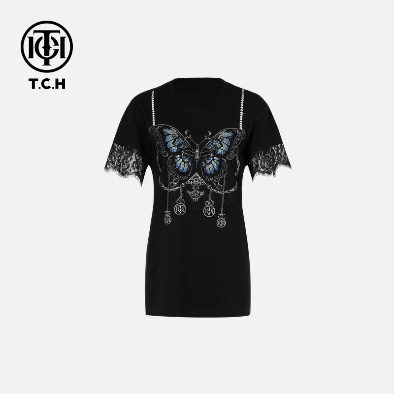 TCH轻奢烫钻工艺时尚休闲百搭气质蝴蝶T恤女T75B10B1058私服tch