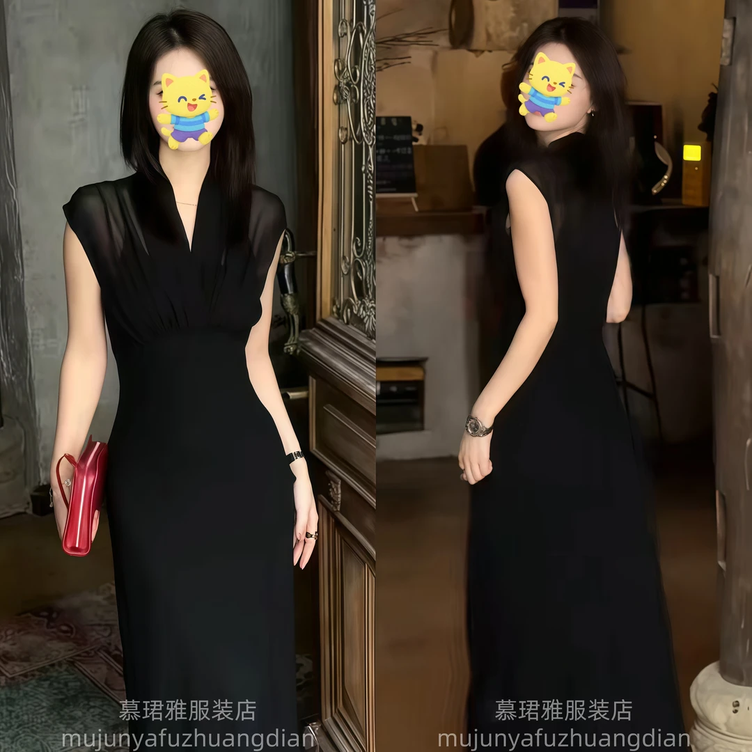 法式气质黑色V领无袖连衣裙女2025夏季新款高级感收腰显瘦长裙子