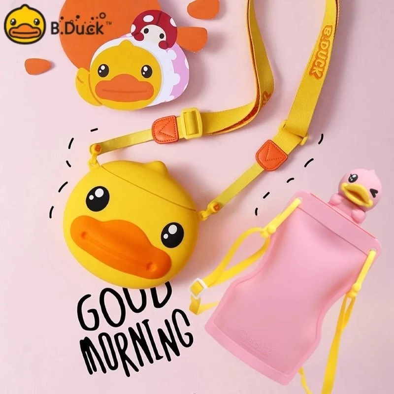 B.Duck小黄鸭随手杯硅胶杯软胶水壶儿童凉水杯学生夏季吸管杯可爱