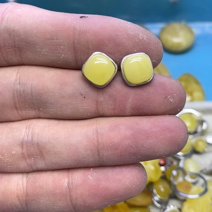 蜜蜡裸石银S925镶嵌耳钉