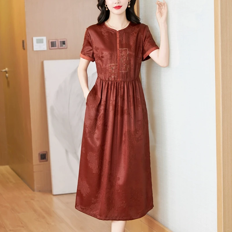 香云纱连衣裙年轻款妈妈喜婆婆婚宴装平时可穿礼服100％桑蚕丝真丝