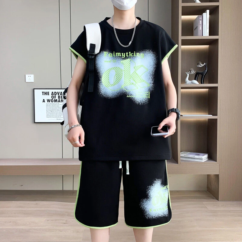 青少年夏季冰丝无袖t恤运动套装男孩高中初中生大童休闲运动背心