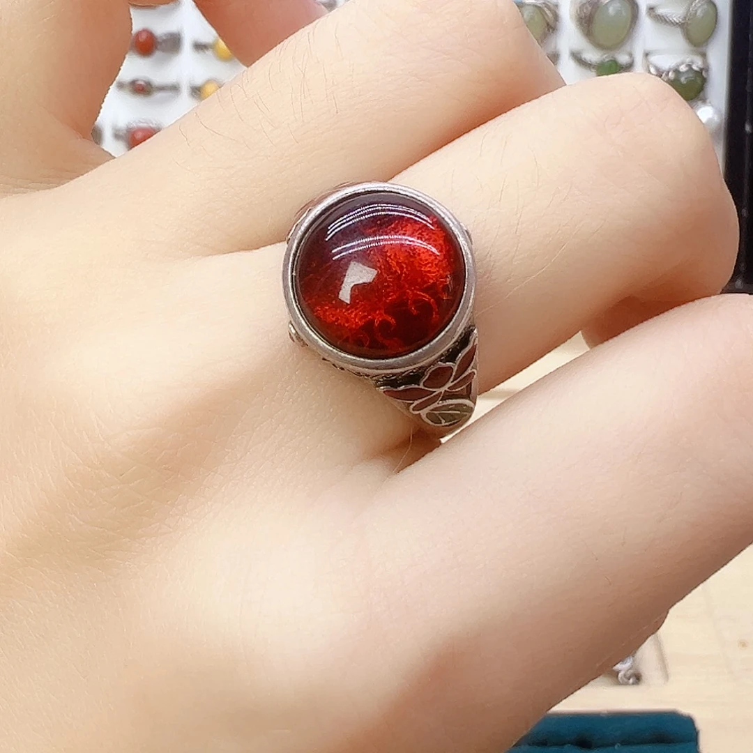 血珀银S925镶嵌戒指，