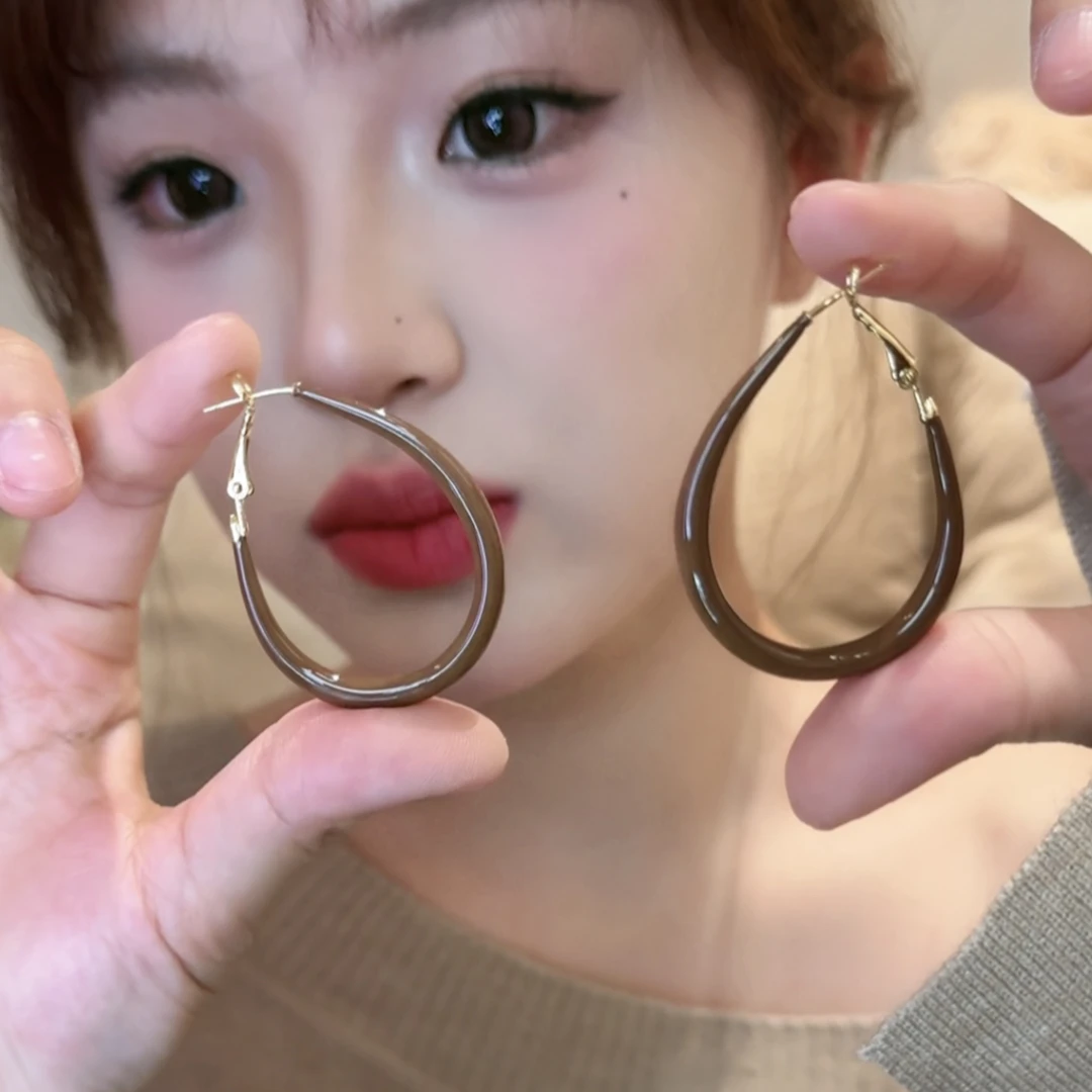 铜合金耳饰 咖色水滴素圈滴釉耳环女圈圈耳饰秋天夸张大耳圈