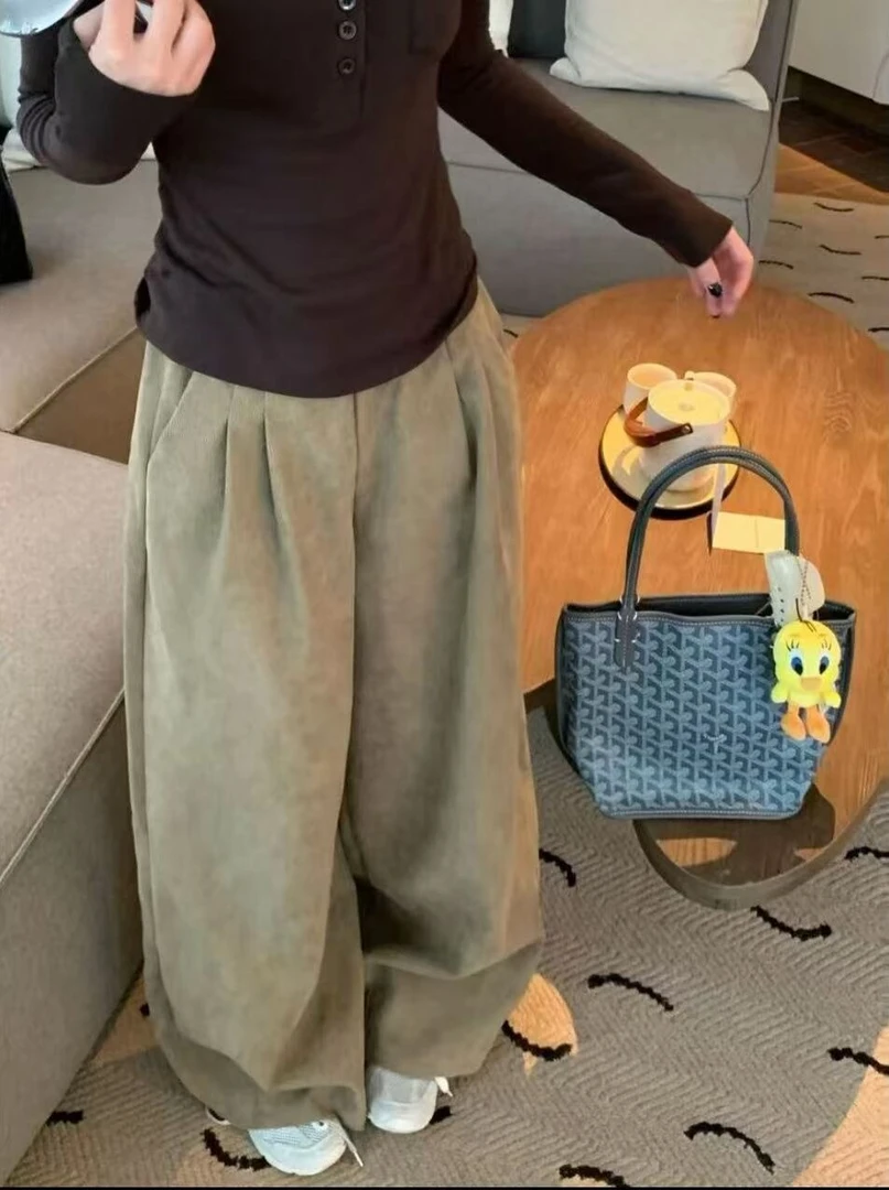 TT 016秋季新款韩系复古简约慵懒风宽松百搭设计感小众阔腿休闲裤