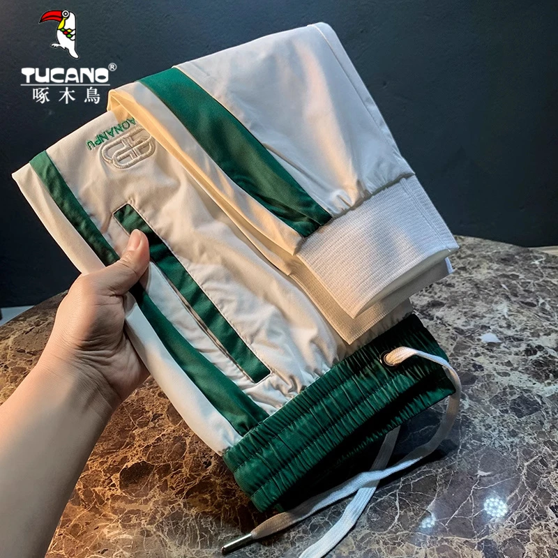 啄木鸟潮牌休闲裤男冰丝九分裤痞帅条纹束脚夏季超薄刺绣运动裤男