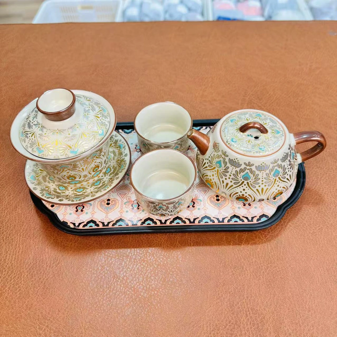 ZH3837-敦煌牡丹石瓢壶+敦煌悬停三才盖碗+敦煌客杯*2+敦煌茶盘