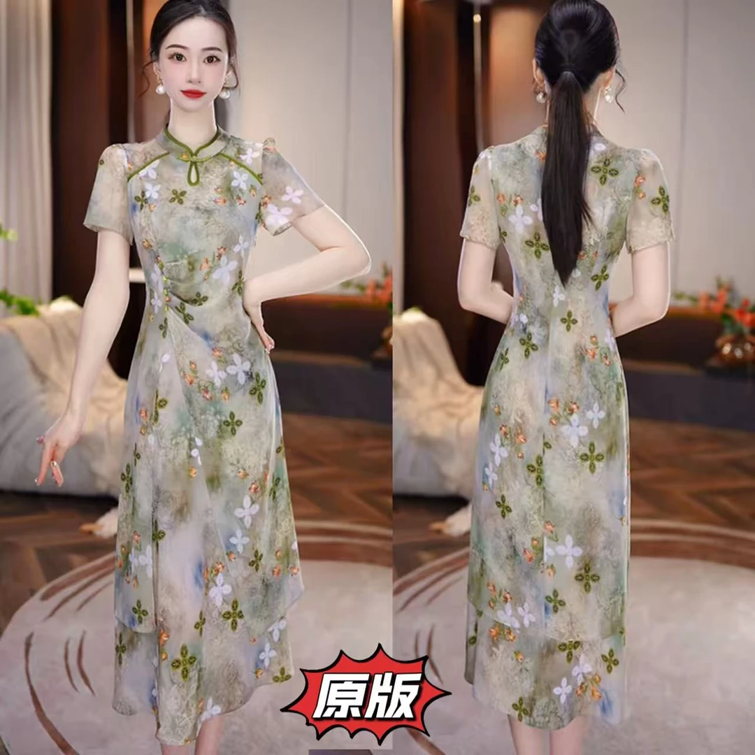 高档冰丽丝改良旗袍新中式连衣裙2025夏季新款显瘦遮肉洋气礼服裙