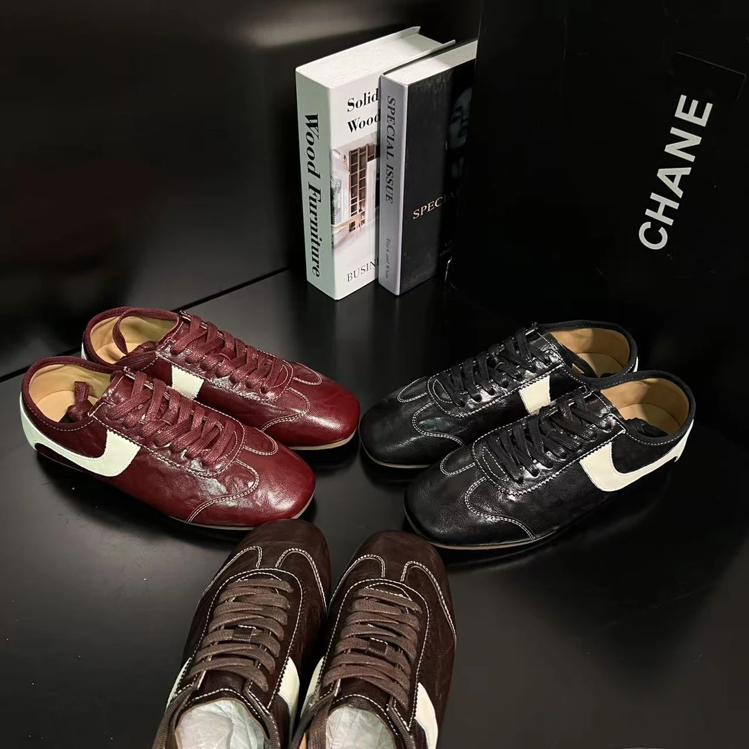 【南法庄园】羊皮德训鞋女2025秋季新款系带软底休闲板鞋潮852