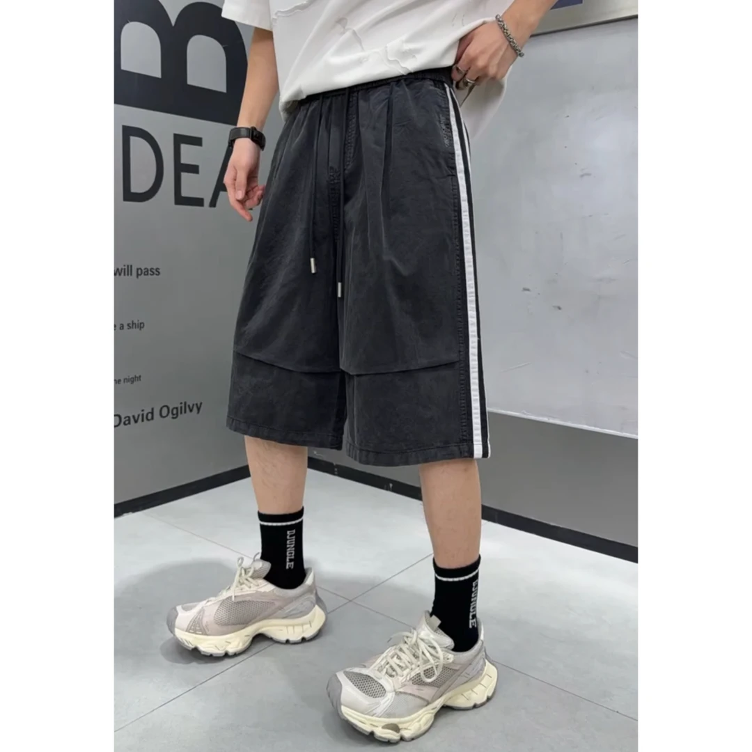 53夏季百搭裤子运动休闲裤潮流宽松侧边织带短裤夏季潮牌美式复古