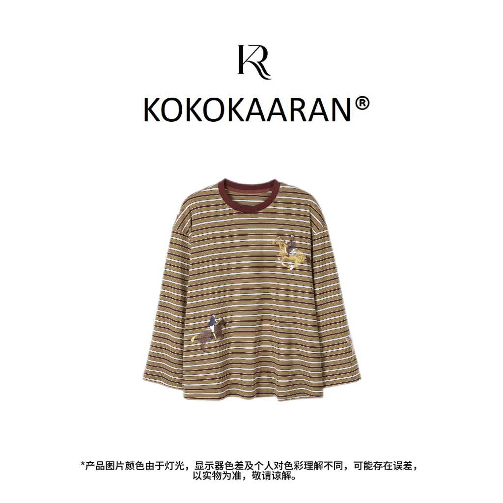 kokokaaran/可可咔伦25早秋经典条纹马术印花长袖女士T恤SH250645