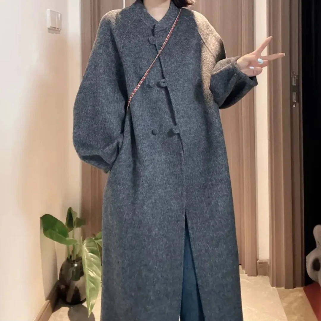 新中式新款灯笼袖立领宽松长款双面羊毛大衣