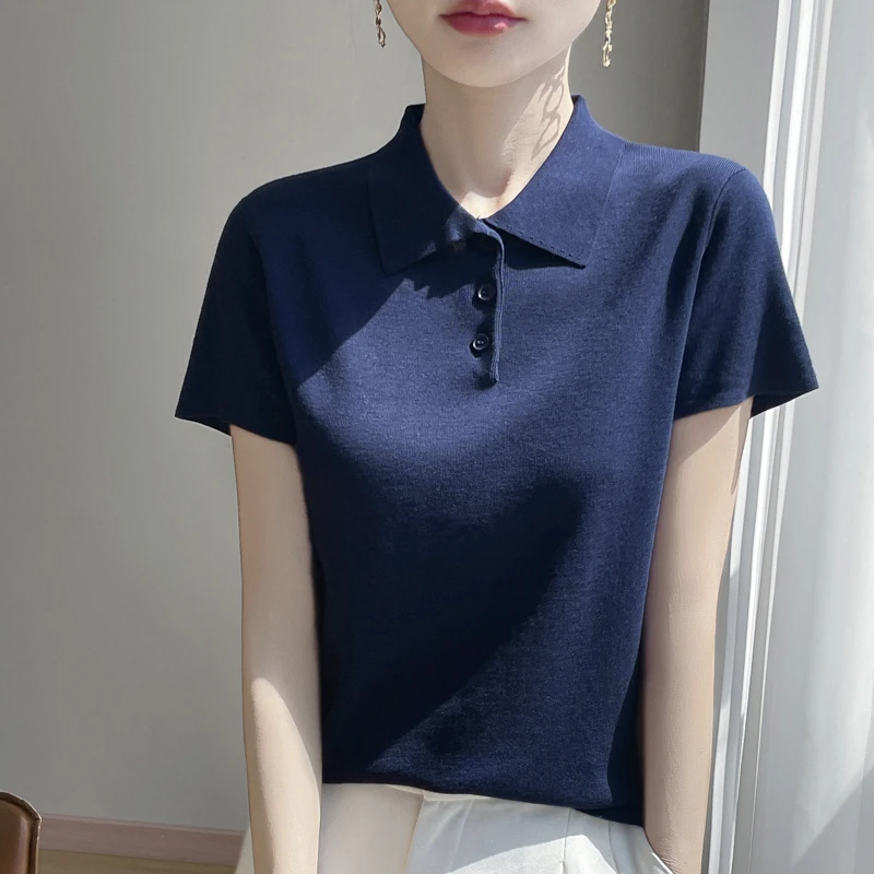 品牌夏季新款时尚休闲针织衫女polo领短袖T恤显瘦上衣