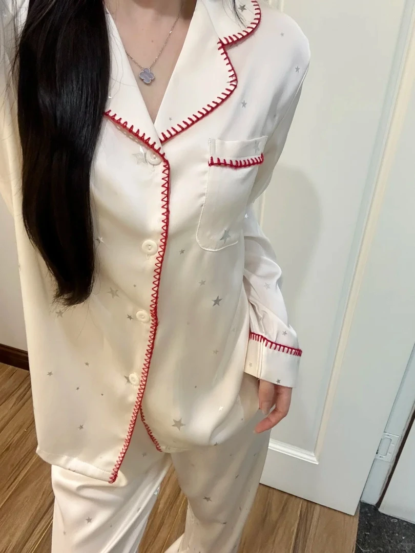 纯欲风撞色拼接星星冰丝睡衣女春秋新款长袖长裤两件套大码家居服