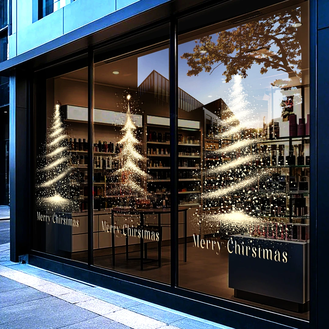 圣诞节装饰品金色圣诞树玻璃门贴纸店铺商场橱窗酒店氛围布置贴画