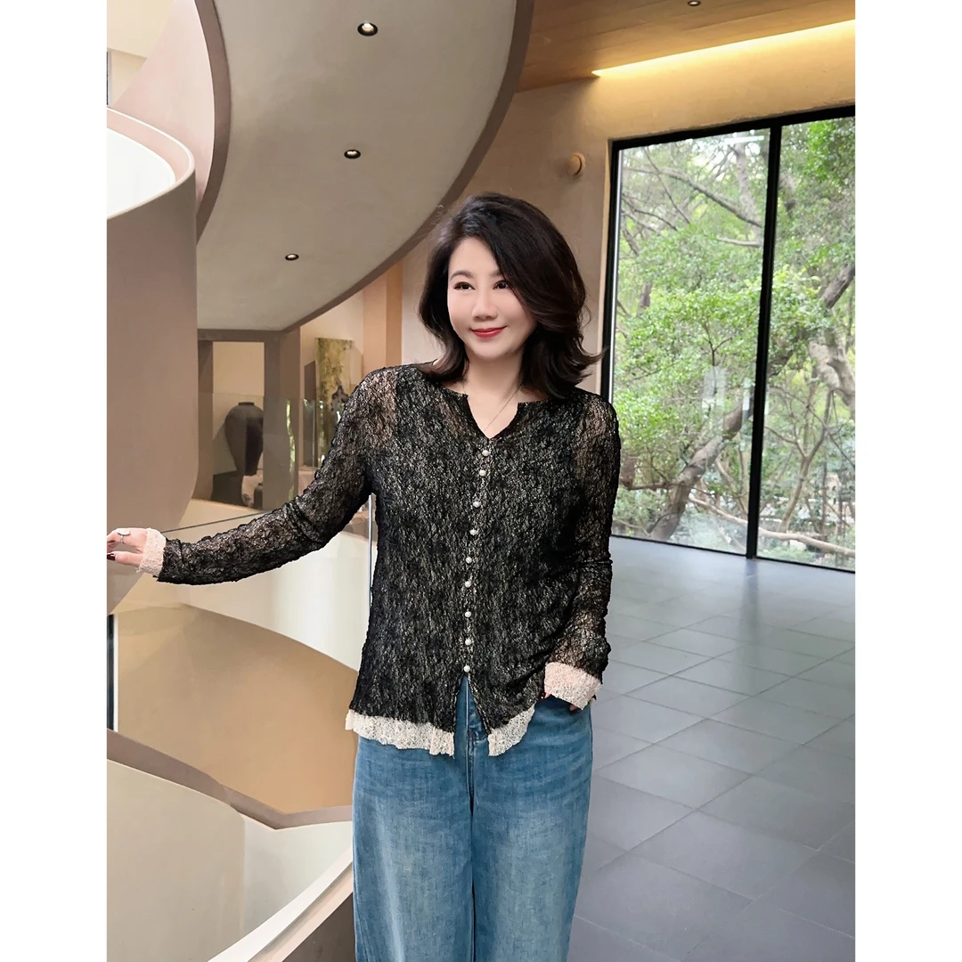 微胖女装【浮光若影】双层蕾丝开叉小衫上衣V领春季新款20581