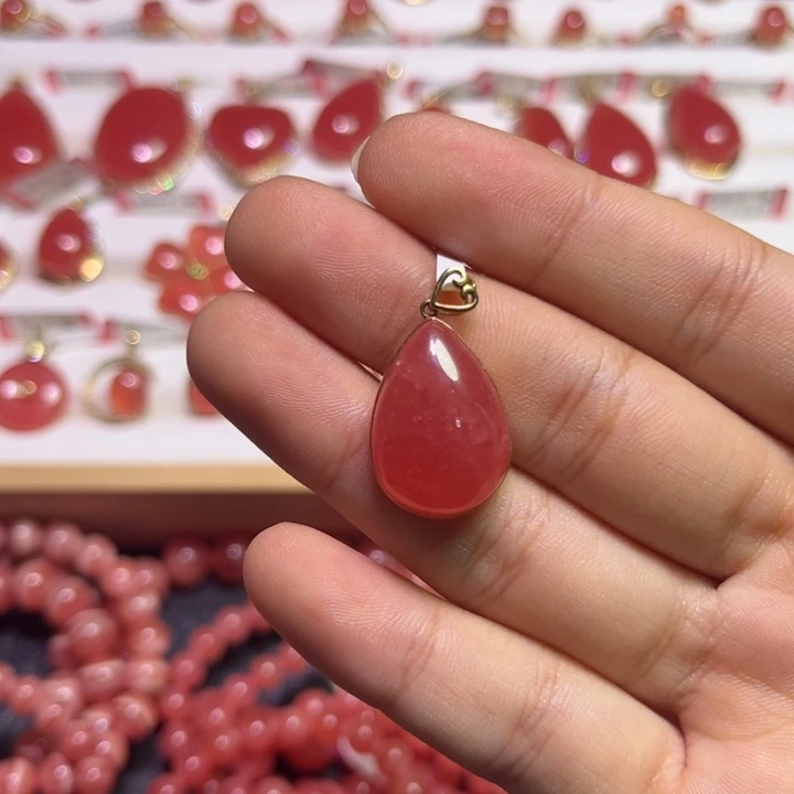 菱锰矿（红纹石）18K金镶嵌颈饰水滴吊坠4.77g