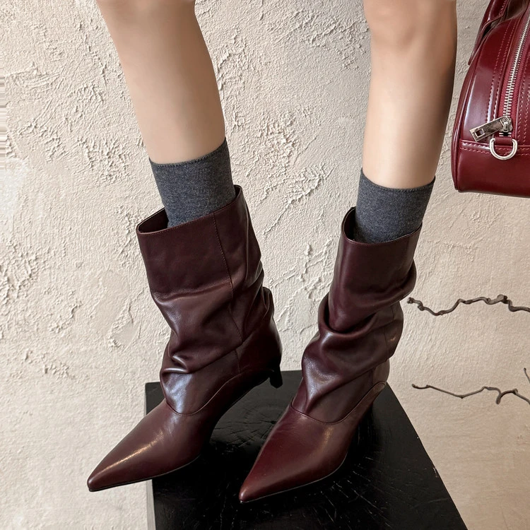 头层小牛皮~3.8cm褶皱中筒靴欧美风尖头猫跟中跟气质时尚时装靴女