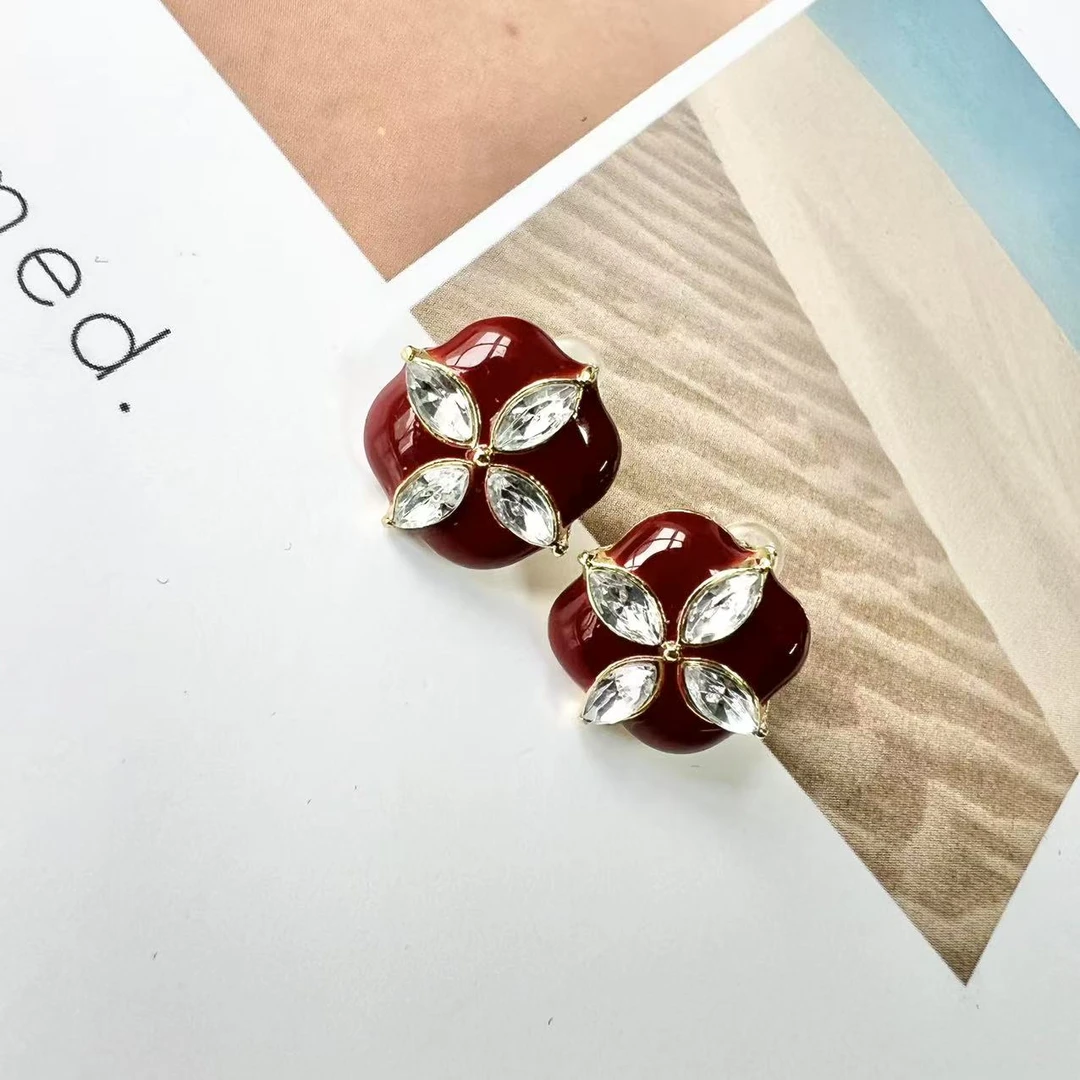 合金耳饰 小静折扣~E384P 复古安可拉红精致滴釉耳钉