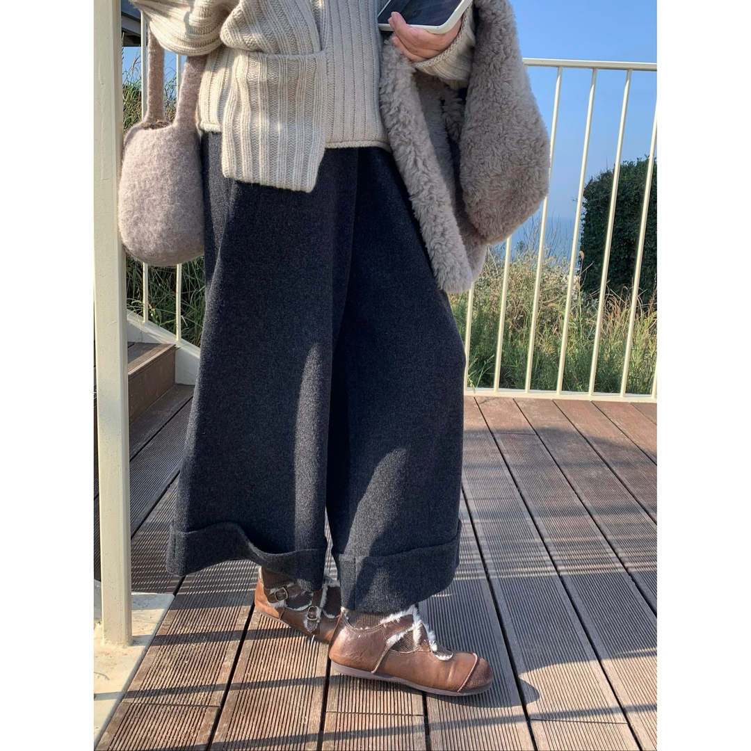 美爆了！好看配靴子的八分裤小个子秋冬保暖松紧腰直筒阔腿针织裤