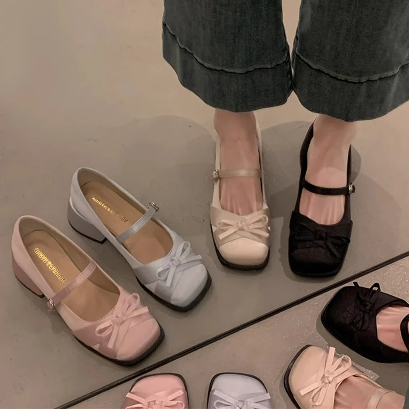 2025春夏新款缎面蝴蝶结方头玛丽珍跟鞋爆款马蹄跟一字带系扣单鞋