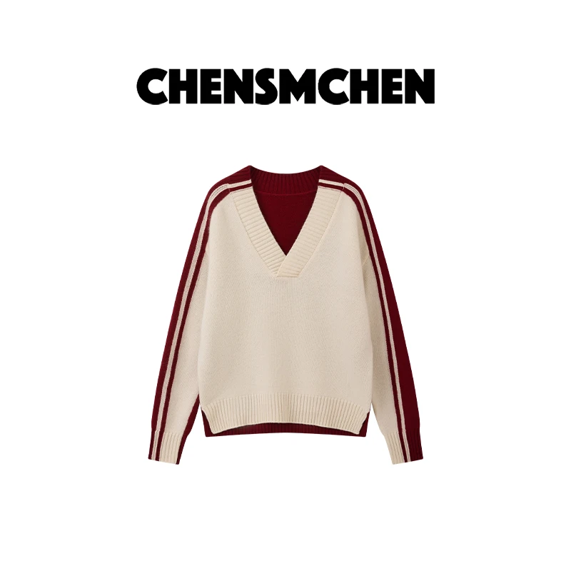 CHENSMCHEN100绵羊毛V领时尚拼色针织衫女宽松显瘦上衣CSM11634YW