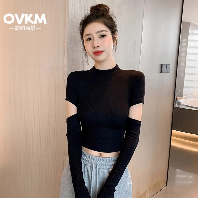 OVKM黑色半高领打底衫女内搭露脐上衣2025早秋新款辣妹装修身短款