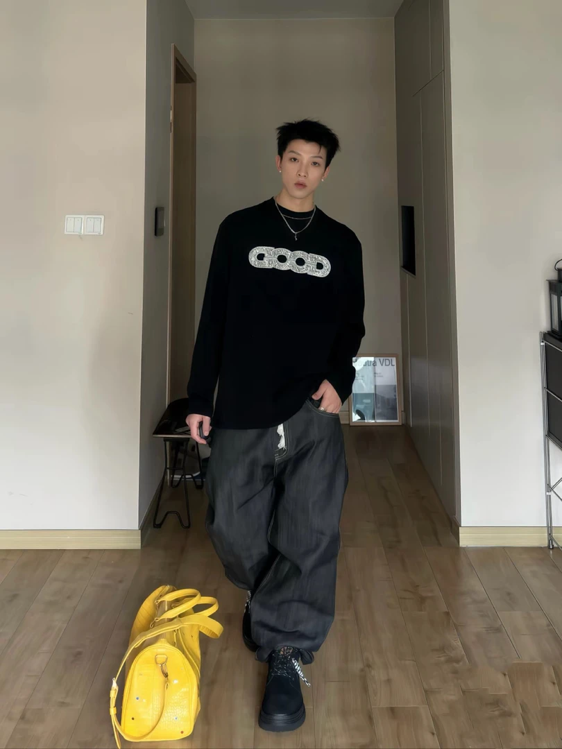 朱志鑫同款2025ssG0D地图亮片绣基础LOGO长袖T恤男女同款