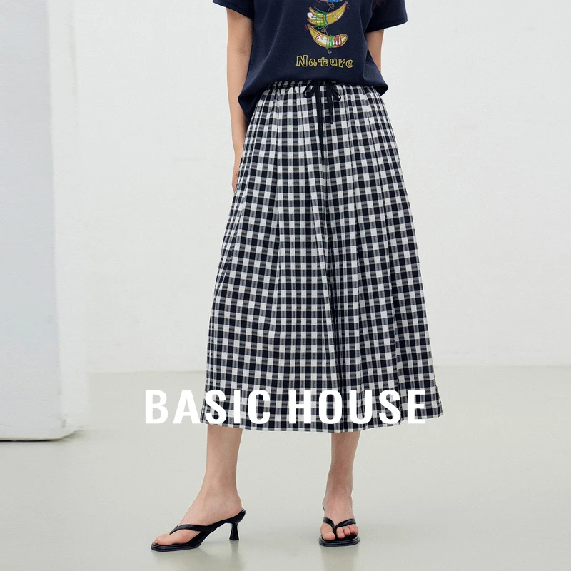 Basic House/百家好黑白格子撞色休闲裤2025夏季新款松紧腰阔腿裤