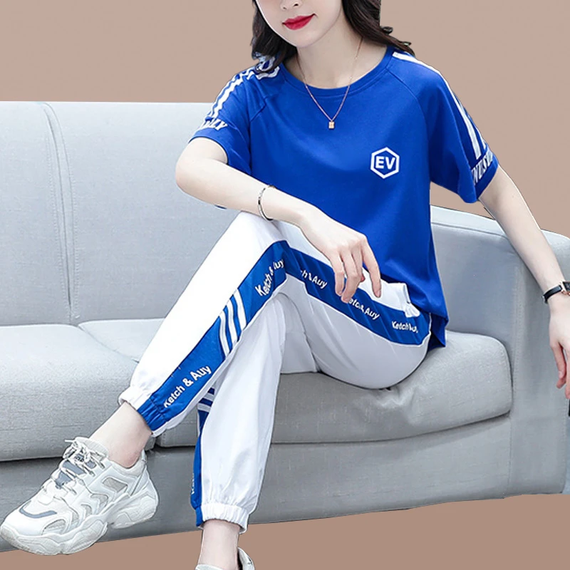 2025夏季新款短袖上衣束脚裤运动服套装女士时尚洋气减龄两件套