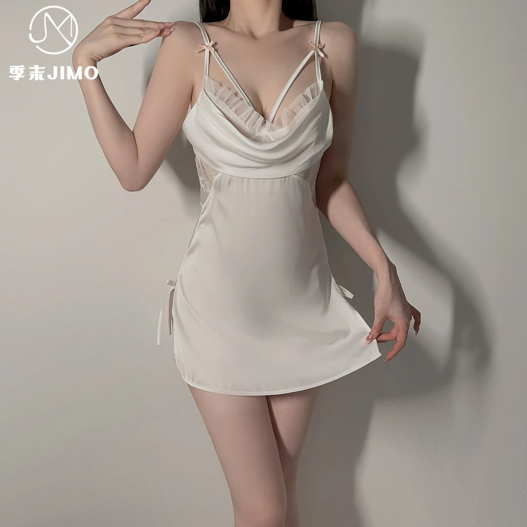 法式蕾丝纯欲冰丝性感睡裙轻薄露背吊带裙网纱缕空激情约会家居服