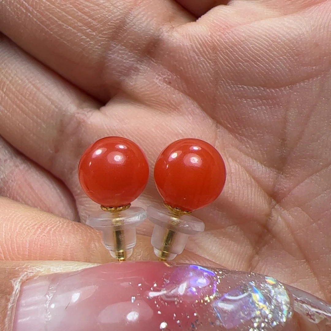 南红玛瑙耳钉18K金镶嵌