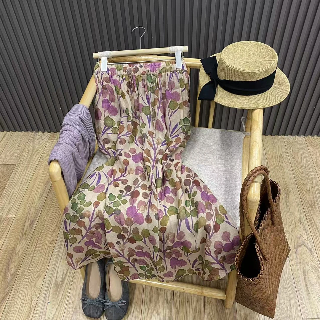 印花苎麻半身裙复古文艺宽松百搭碎花显瘦中长A字裙女Q24038