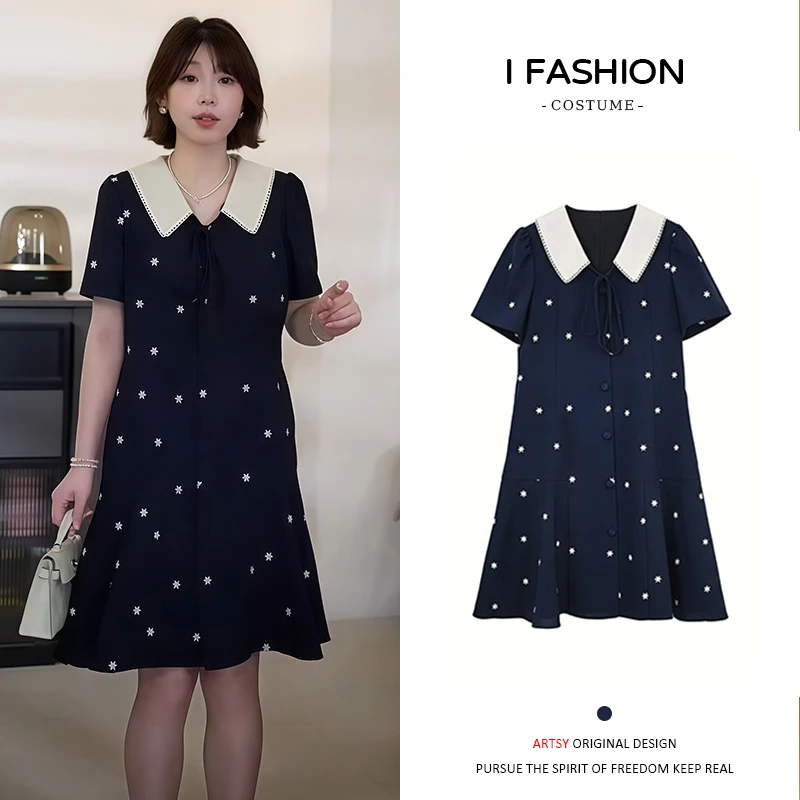 韩系复古绑带短袖连衣裙女2025年夏季新款小个子设计感百搭裙子潮