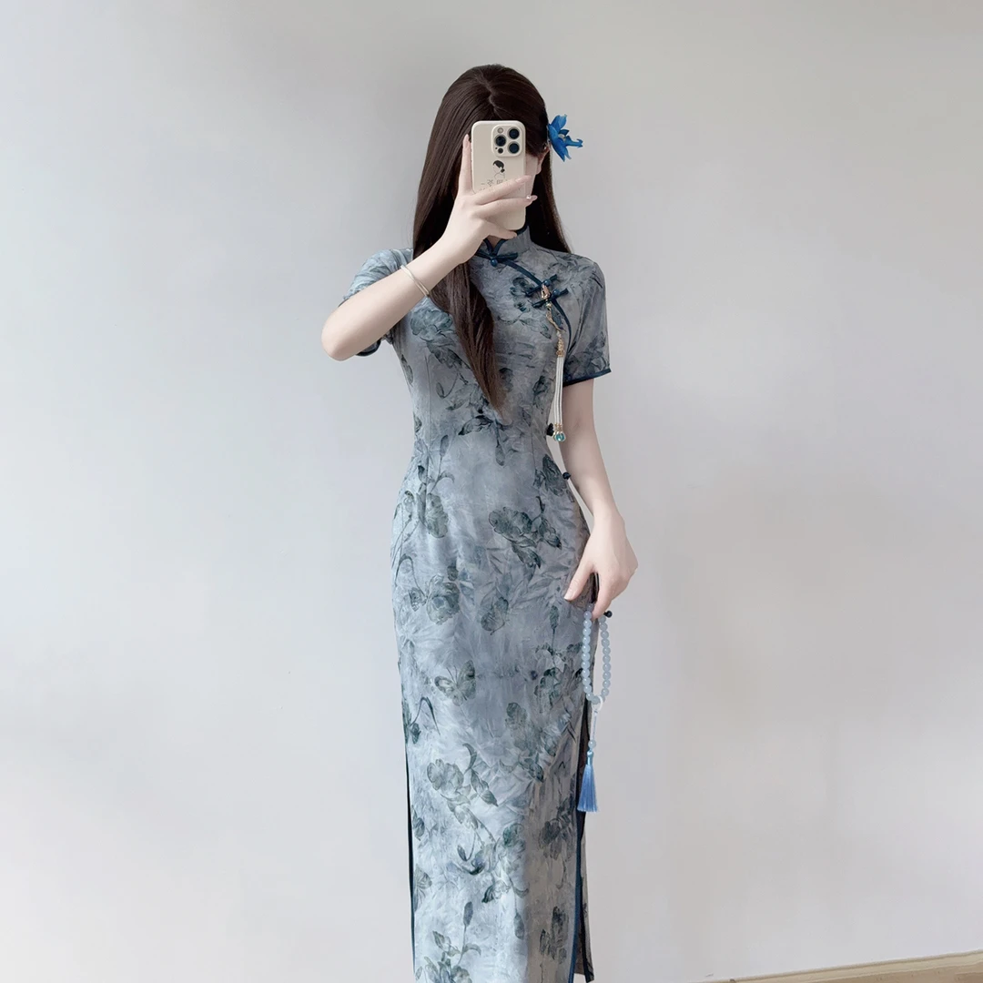 汀玥苓旗袍夏季蓝色显瘦国风少女年轻款日常改良新中式连衣裙扎染