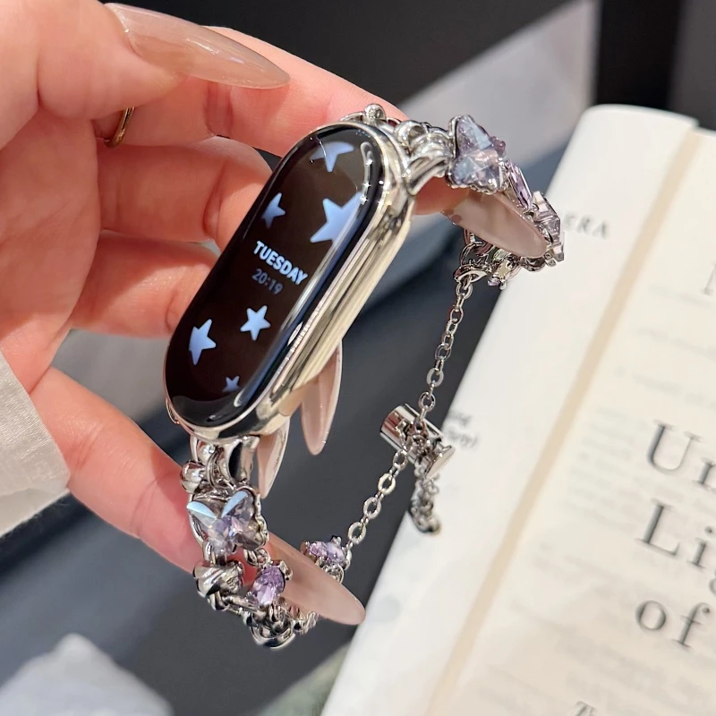 千金感镶钻蝴蝶表带适用小米手环109代8pro红米watch45通用手链女