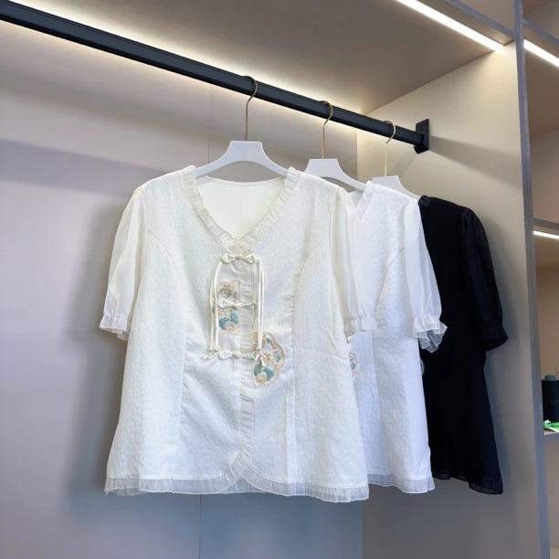 胖胖家*907新款国风拼接菲边减龄遮肉显瘦上衣