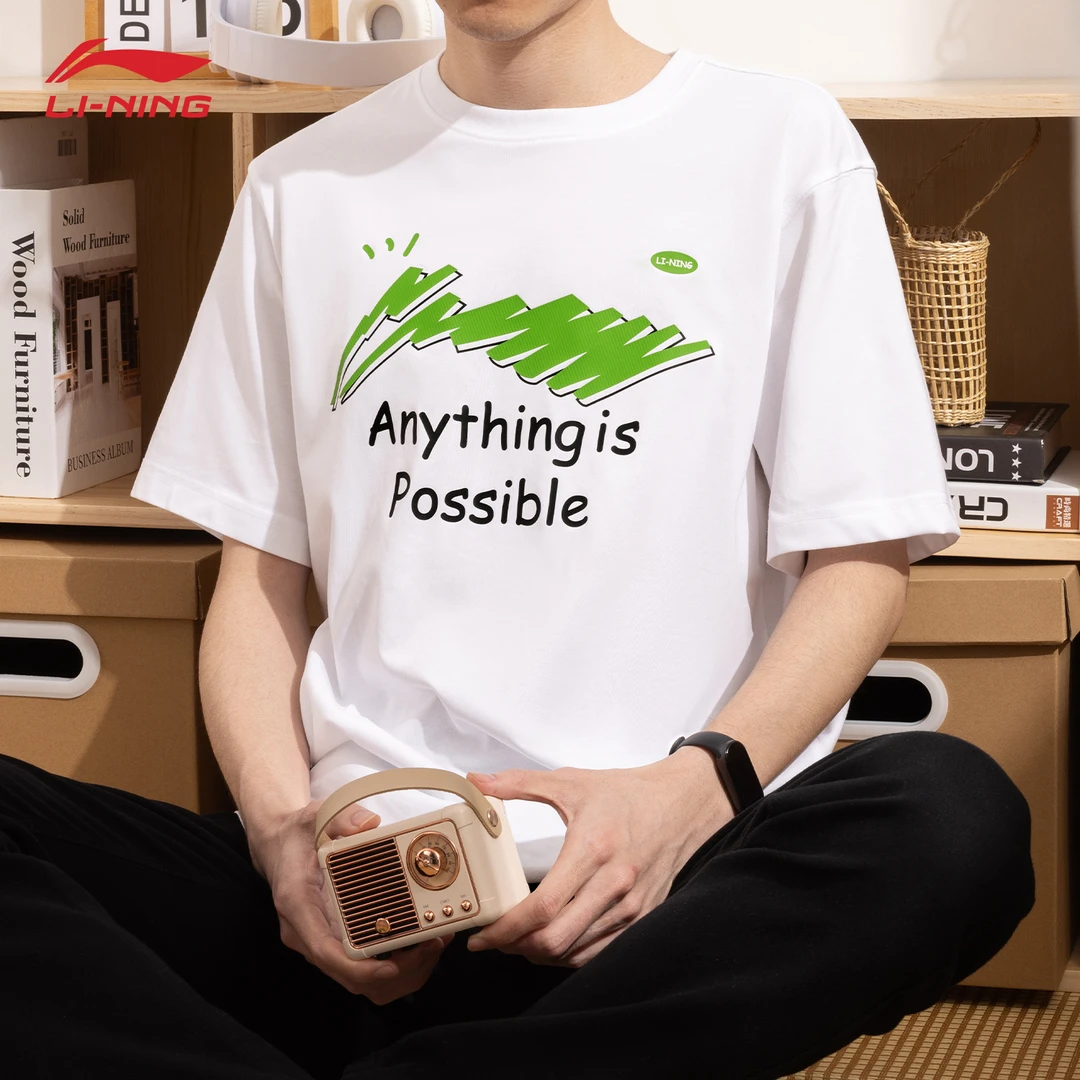 李宁男款短袖2025夏季棉质透气时尚印花半袖圆领休闲百搭白色T恤