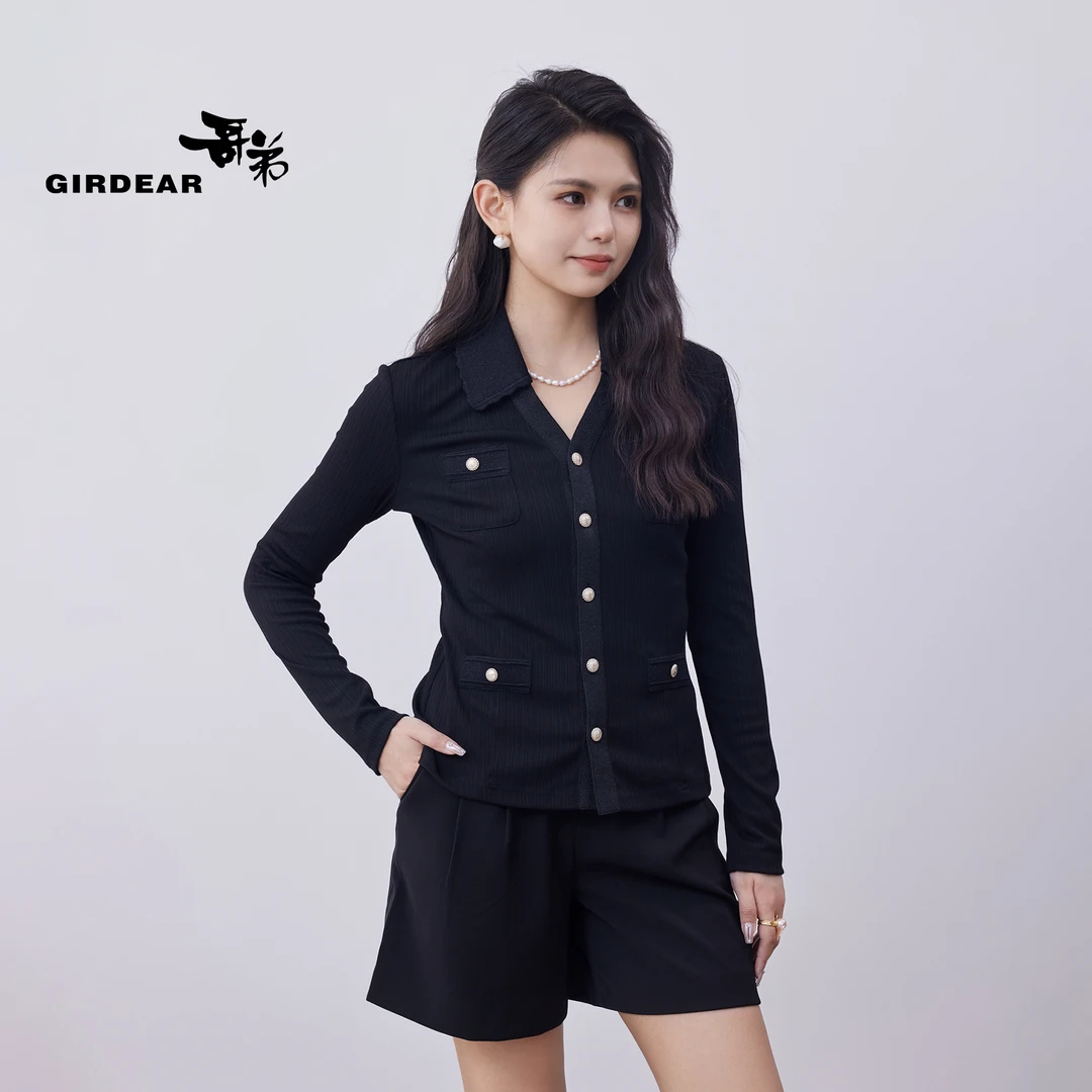 GIRDEAR/哥弟2025新款气质百搭显瘦修身翻领小香风衬衫女-1300952