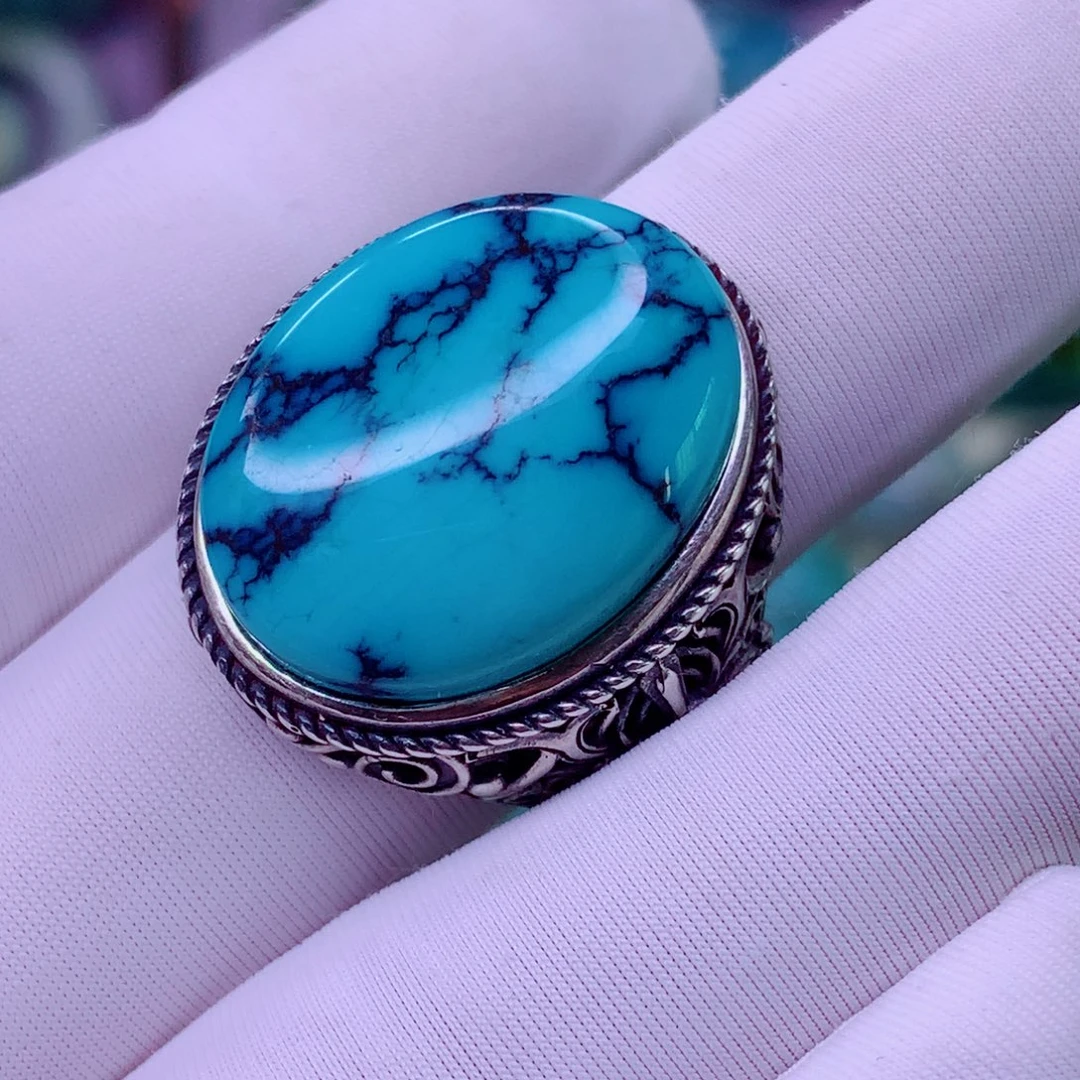 绿松石银S925镶嵌原矿绿松石