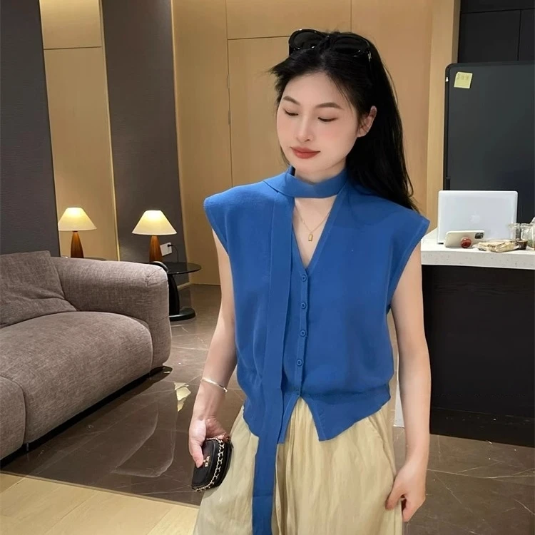 夏季新款女装洋气飘带挂脖短袖独特漂亮小衫小飞袖针织衫薄款上衣