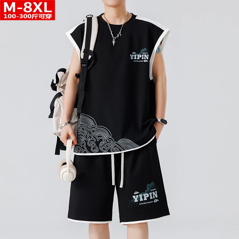 夏季港风潮男装拼色印花圆领无袖背心五分裤加肥大码运动休闲套装